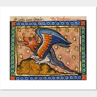 MEDIEVAL BESTIARY, DRAGON ,Gold Leaves, Blue Orange Colors Posters and Art